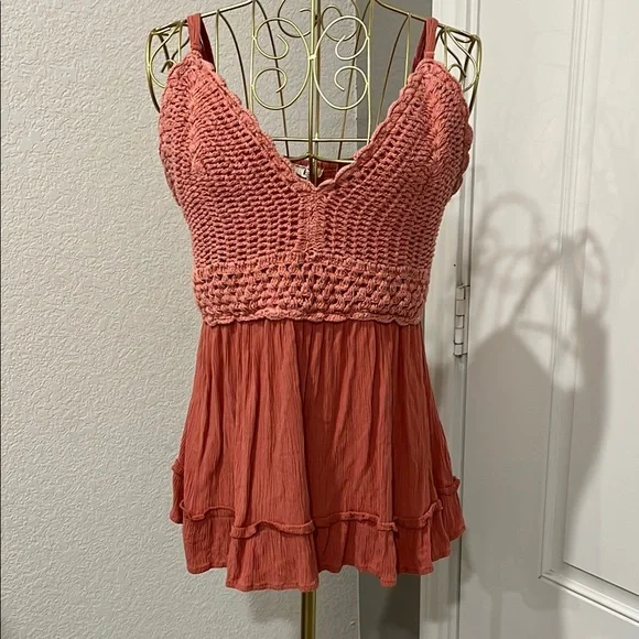 Blush Pink Crochet Top Smocked Ruffled Camisole - Picture 1 of 3